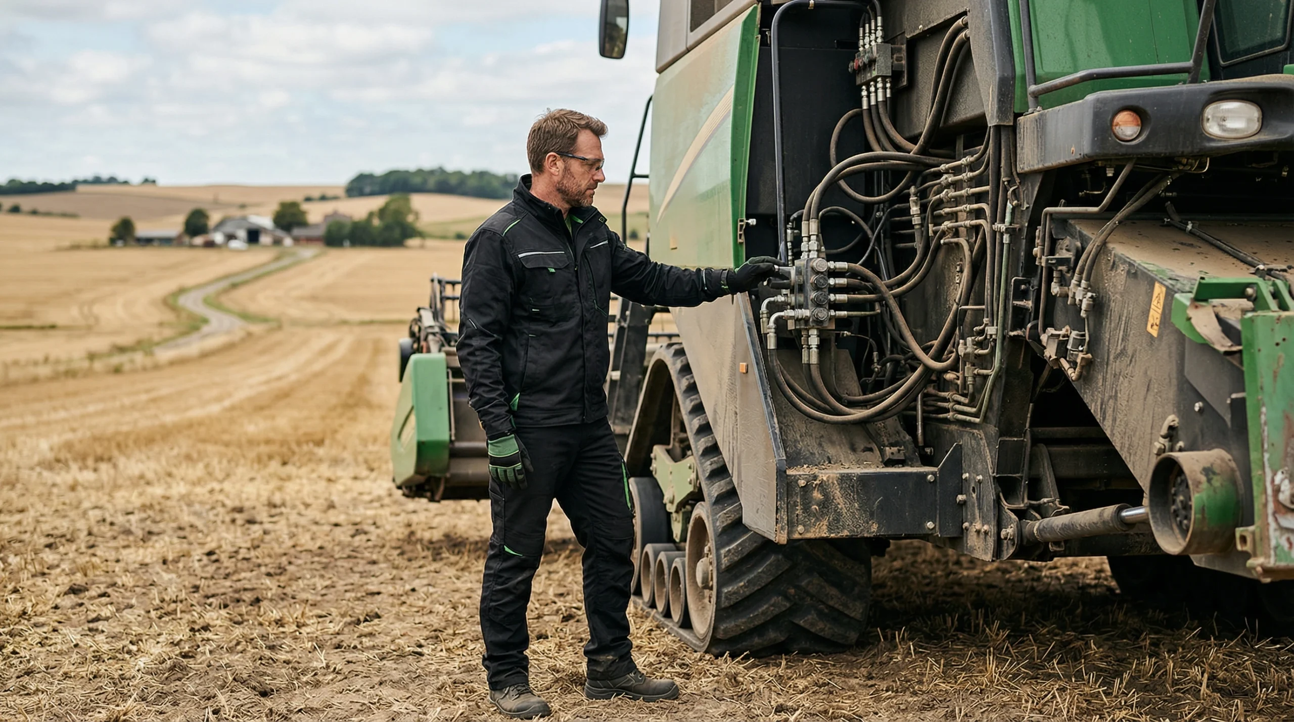 Técnico realizando manutenção de sistema hidrostático em máquina agrícola