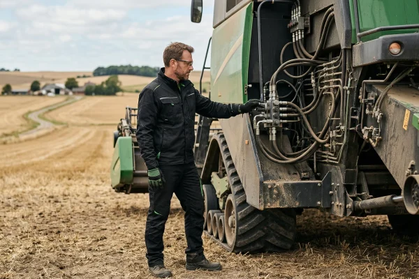 Técnico realizando manutenção de sistema hidrostático em máquina agrícola
